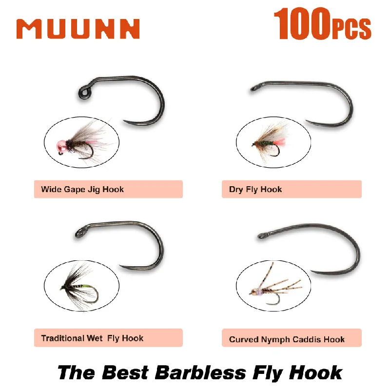 MUUNN 100PCS Fly Tying Hooks, #10#12#14#16#18,Fishing Dry Nymph Shirmp Wet Caddis,Barbless Hook ,Wide Gape Jig,Trout Hooks