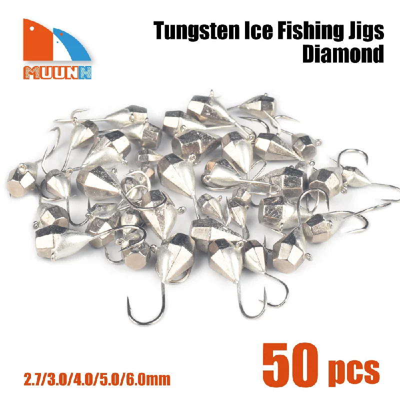 MUUNN 50PCS Diamond Tungsten Faceted Ice Jig,Winter Pike Carp Trout Lures 2.7mm/3mm/4mm/5mm/6mm ,Diamond Hayabusa Hook,Plain