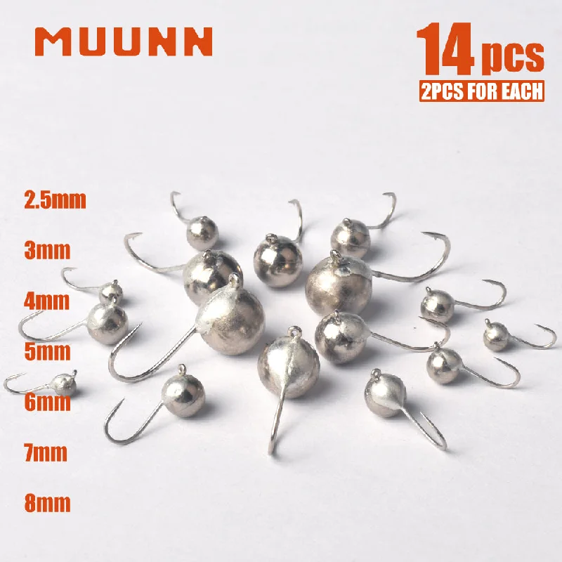 MUUNN 14PCS Tungsten Ball Ice Jig With An Eyelet, Ice Fishing Winter Hook 2.5mm/3mm/4mm/5mm/6mm/7mm/8mm,Lure for Winter Fishing