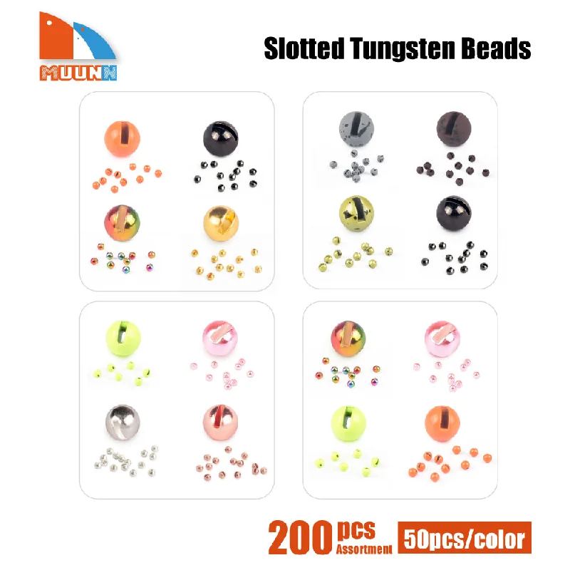 MUUNN 200pcs Combo 4 Color 2.5-3.8mm Tungsten Slotted Beads Fly Tying Material Tungsten Beads Trout Perch Fly Fishing Tackel