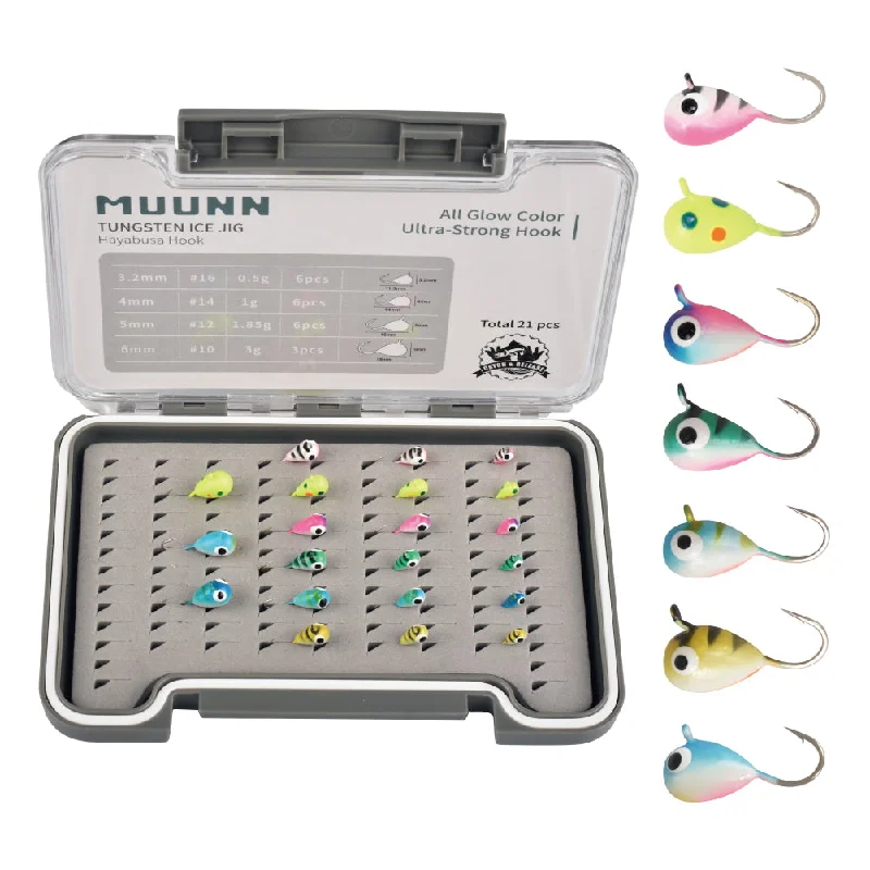 MUUNN 21pcs Tungsten Ice Fishing Jig Head Set，3.2/4.0/5.0/Ice Jig Head Combo Colorful Ice jig