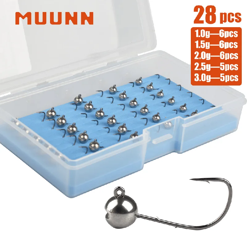 MUUNN 28/30PCS Tungsten Round Jig Head Hook Kit,Shaky Head Jigs 1g/1.5g/2g/2.5g/3g Barbed Hook Rockfish Lure MANTIS AJING Soft Lure Ajing Hook