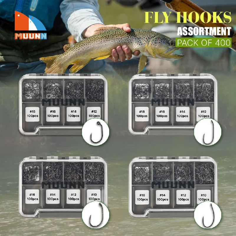 MUUNN 400PCS Fly Fishing Hooks Set，Size#10-#18,Dry Nymph Shrimp Wide Gape Jig Wet Caddis,Barbless Tying Hooks