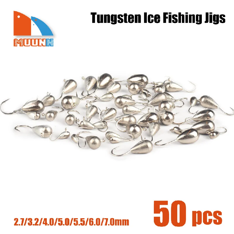 MUUNN 50PCS Tungsten Tear Drop Ice Jigs,Winter Hook Plain 2.7mm/3.2mm/4mm/5mm/5.5mm,Pike Trout Perch Lure Tackel