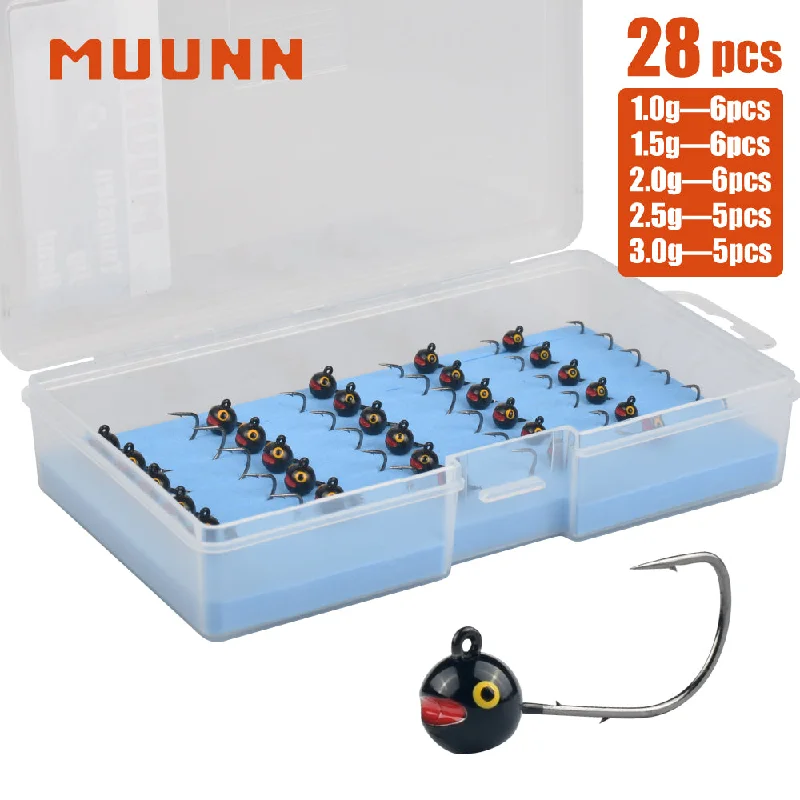 MUUNN  28/30PCS Tungsten Round Jig Head Set 1g/1.5g/2g/2.5g/3g Shaky Jig Rig Rockfish Bass Wrasse Bluegill Soft Lure MANTIS AJING Hooks