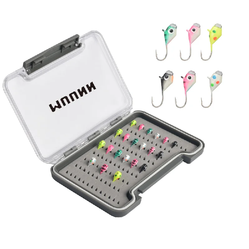 MUUNN 21pcs Diamond Ice Jig Kit UV Glow Jigs Winter Fishing Hooks,3.0~5.0mm Hayabusa Soft Lure Perch Crappie Bluegill Tackel