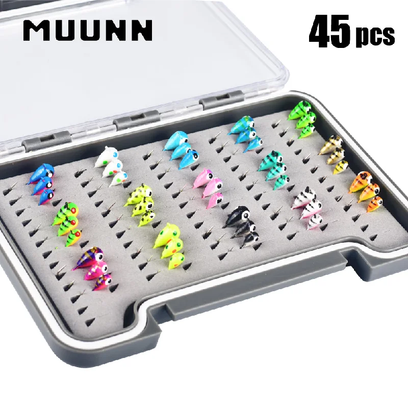 MUUNN 45PCS Tungsten Ice Fishing Jig Head Set,Boxed Winter All Glow Color,0.50G - 1.85G Multicolor Hook Perch Bluegill  Ice Bait