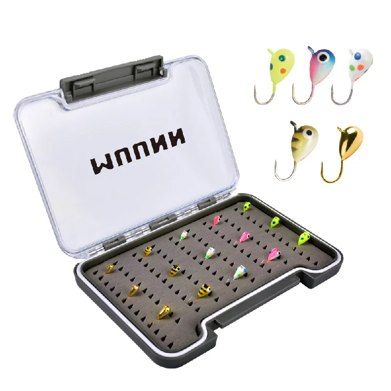 MUUNN 15pcs Tungsten Ice Fishing Jig Kit,Boxed UV Glow Jigs,Multicolor Hayabusa Hook Winter Perch Crappie Bluegill Softlure Bait