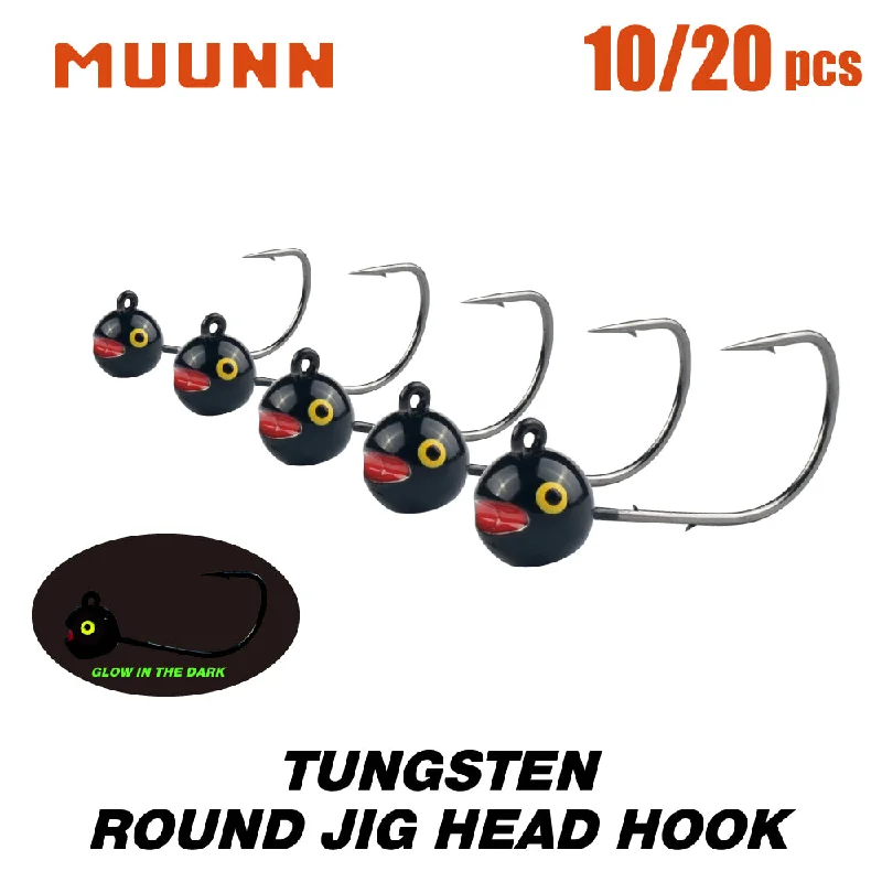 MUUNN Tungsten Round Jig Head Hook 10/20pcs 1/1.5/2/2.5/3g Bass Crappie Trout Boat Fishing Shaky Jig Rig Rockfish Soft Lure Barbed AJING Hooks